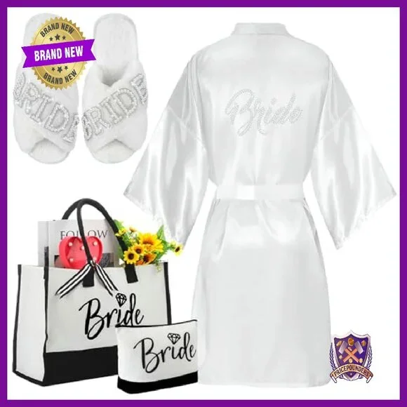 Bridal Robe Slippers Tote Makeup Bag Set Silk Canvas Pearl Decor